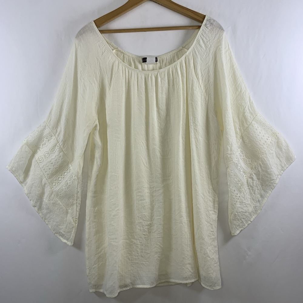 Womens Peasant Crochet Trim Flowy Tunic Top Sz M Ivory Renaissance Boho Romantic
